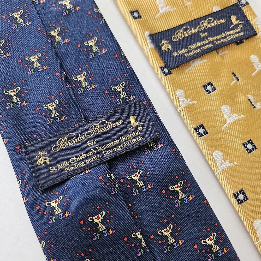 2 Pack Brooks Brothers St Jude Necktie Yellow Blue Geometric Trophy Tie 58"